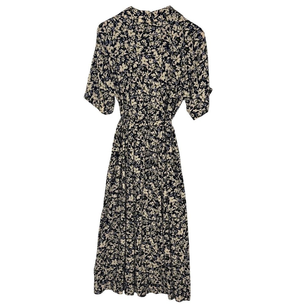 H&M Black Floral Tie-Belt Shirt Dress Womens Medium NWT Short Sleeve Midi Button - Picture 3 of 16